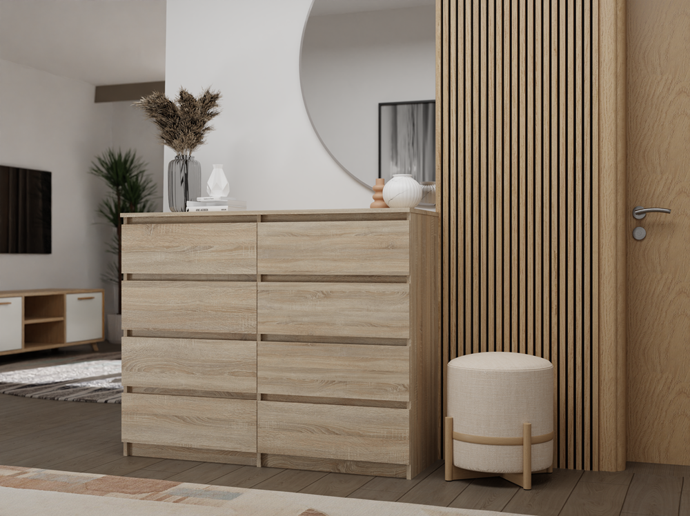 ADGO Malwa M8 140 Comò con 8 Cassetti 138x97x40cm, Classico Armadio con Mensole, per Camera da Letto, Corridoio, Profondo, Autoportante, Salvaspazio (Spedizione in 2Confezioni)(Bianco