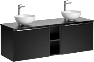 Zestaw mebli łazienkowych SANTA FE BLACK z dwoma umywalkami DOMI i blatem 140 cm - 6 elementów