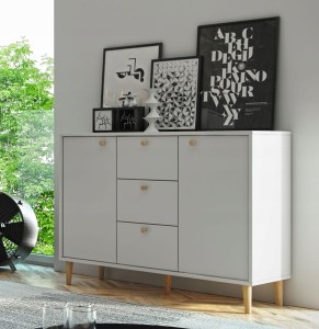 Komoda Basta Biała z drewnianymi uchwytami buk naturalny