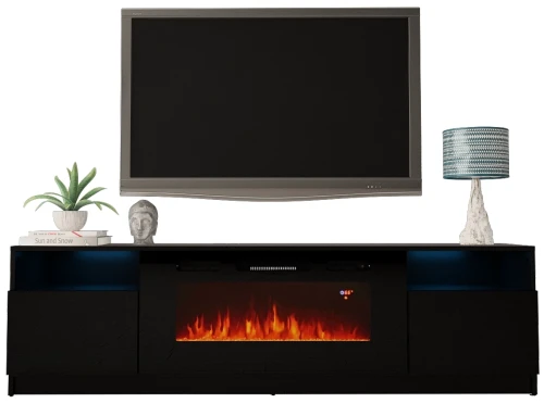 Szafka RTV YORK 02 z kominkiem i LED 200 cm czarny mat/połysk