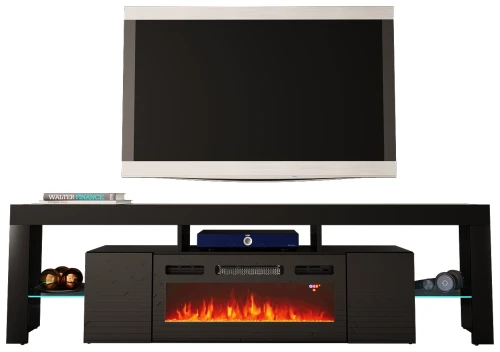 Szafka RTV SOLEO 01 RTV z kominkiem i LED 200 cm czarny mat/połysk