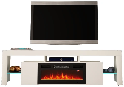 Szafka RTV SOLEO 01 RTV z kominkiem i LED 200 cm biały mat/połysk