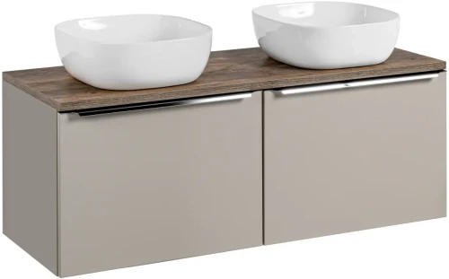Zestaw  mebli łazienkowych SANTA FE taupe/dąb vintage z szafkami dwoma umywalkami SMILE i blatem 120 cm
