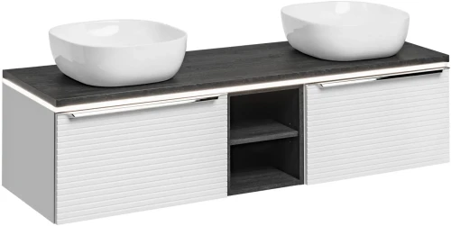 Zestaw mebli łazienkowych LEONARDO WHITE z dwiema umywalkami SMILE i blatem 150 cm - 7 elementów
