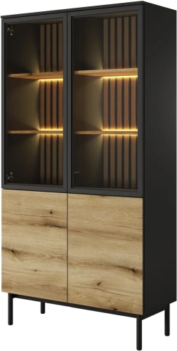 Witryna wysoka Lang z LED 100 cm czarny + dąb evoke