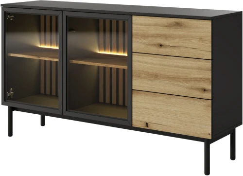 Komoda Lang z witryną 150 cm czarny + dąb evoke