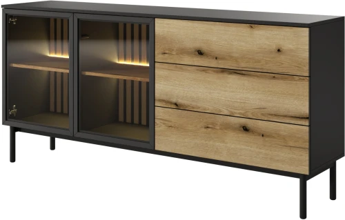 Komoda Lang z witryną LED 180 cm czarny + dąb evoke