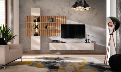 Meblościanka Gusto LUX B z oświetleniem LED do salonu kaszmir/dąb artisan