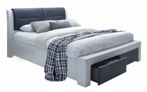 Łóżko podwójne Cassandra S 140x200 cm tapicerowane z szufladami czarny/biały
