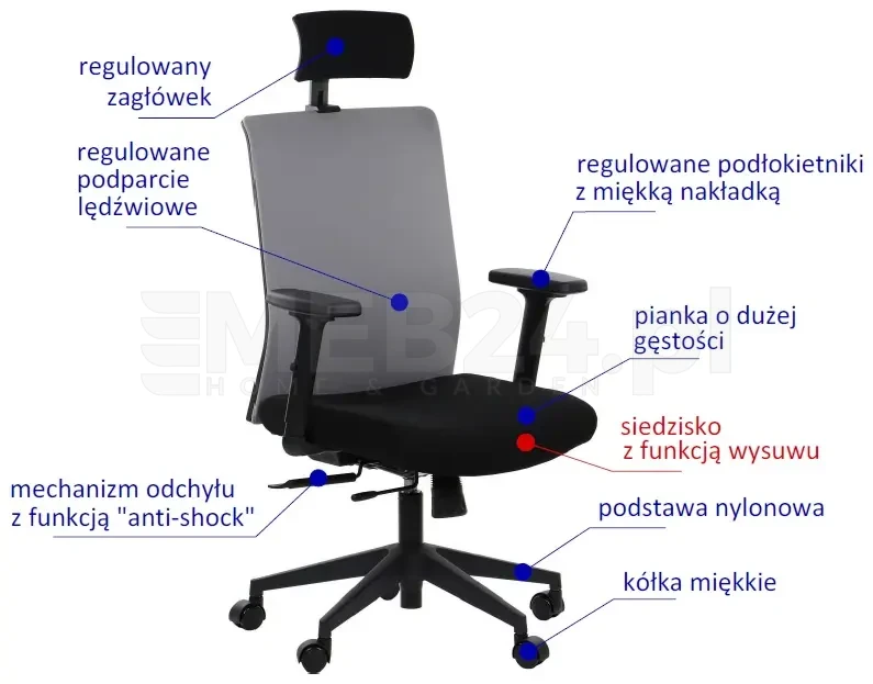 Fotel biurowy z wysuwem siedziska RIVERTON F/H Czarny