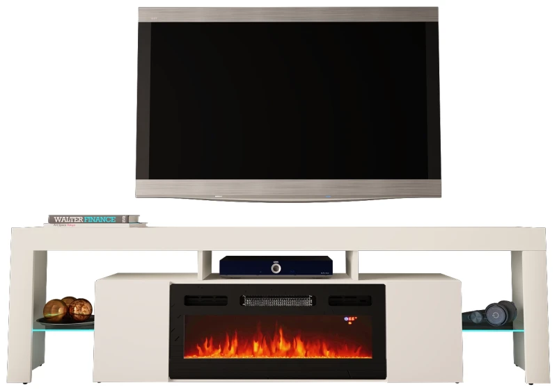 Szafka RTV SOLEO 02 RTV z kominkiem i LED 200 cm biały mat/połysk