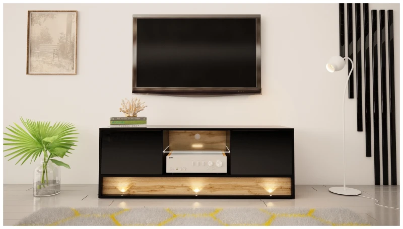 Szafka RTV VISION 03 z LED 140 cm czarny/wotan mat/połysk