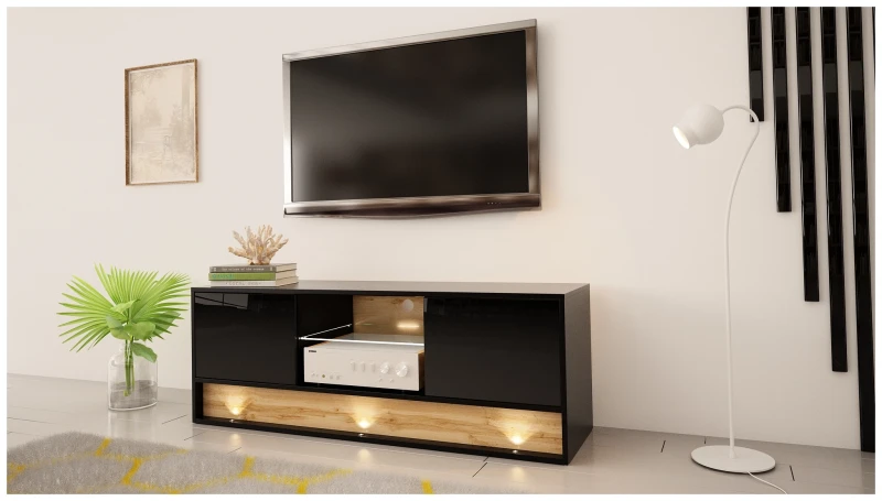 Szafka RTV VISION 03 z LED 140 cm czarny/wotan mat/połysk
