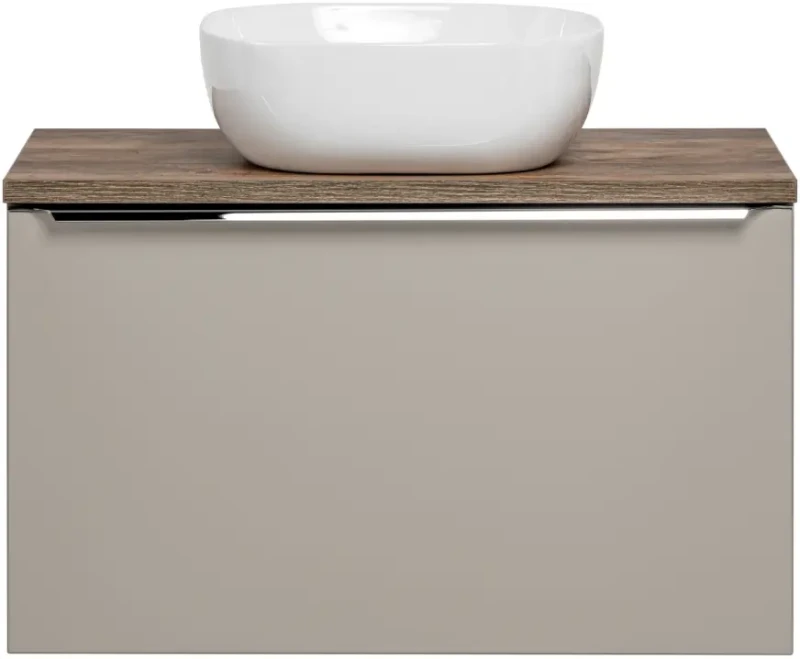 Szafka łazienkowa 80 cm SANTA FE taupe/dąb vintage z umywalką SMILE i blatem 80 cm