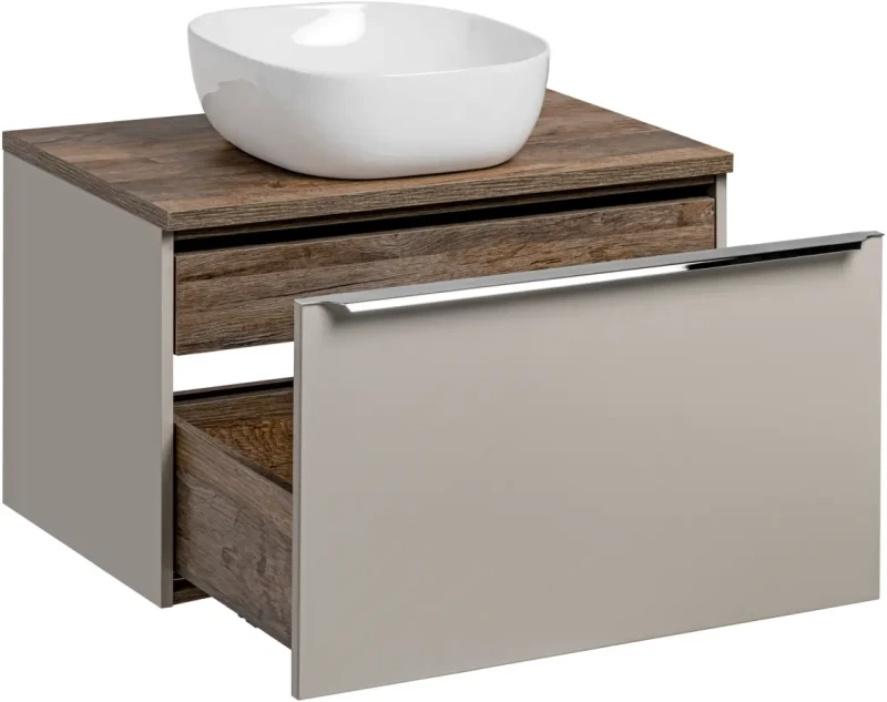 Szafka łazienkowa 80 cm SANTA FE taupe/dąb vintage z umywalką SMILE i blatem 80 cm