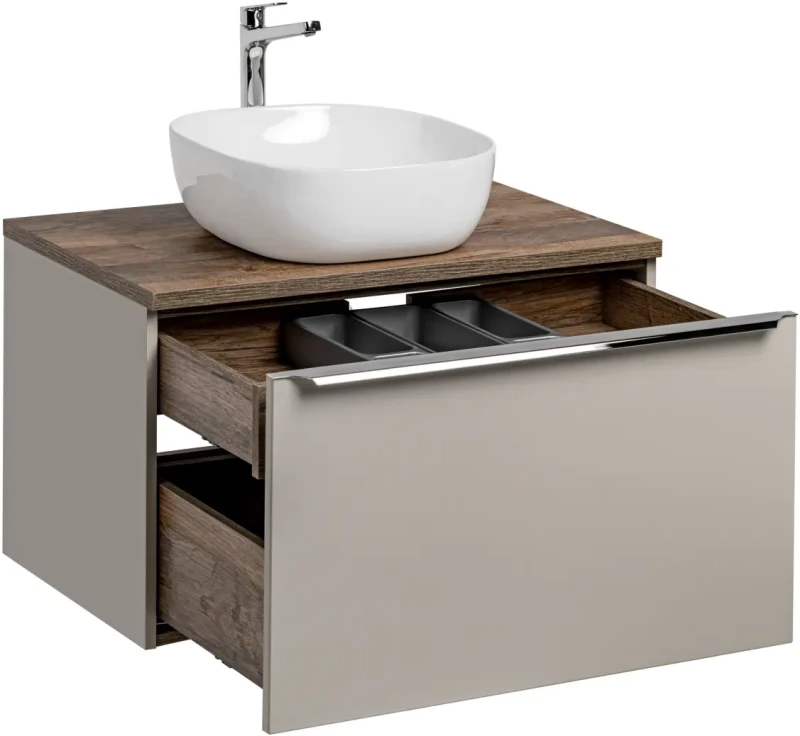 Szafka łazienkowa 80 cm SANTA FE taupe/dąb vintage z umywalką SMILE i blatem 80 cm