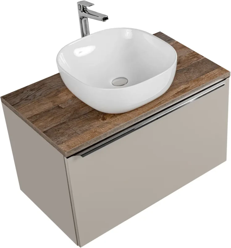 Szafka łazienkowa 80 cm SANTA FE taupe/dąb vintage z umywalką SMILE i blatem 80 cm