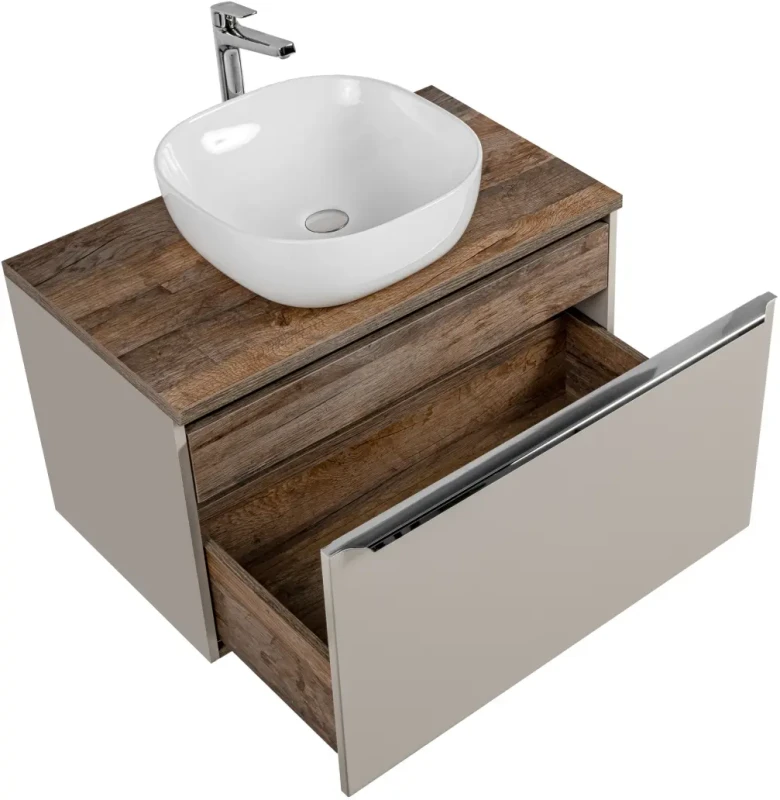 Szafka łazienkowa 80 cm SANTA FE taupe/dąb vintage z umywalką SMILE i blatem 80 cm