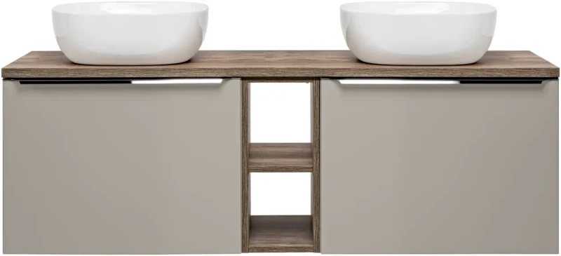 Szafka podwójna łazienkowa 60 cm SANTA FE taupe/dąb vintage z dwoma umywalkami SMILE i blatem 140 cm