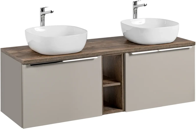 Szafka podwójna łazienkowa 60 cm SANTA FE taupe/dąb vintage z dwoma umywalkami SMILE i blatem 140 cm