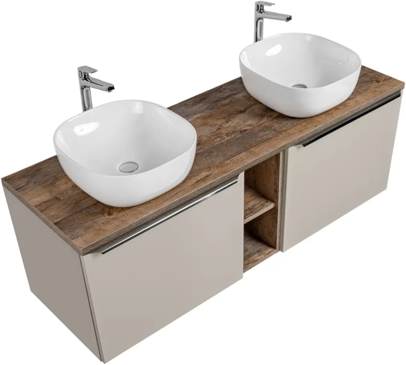Szafka podwójna łazienkowa 60 cm SANTA FE taupe/dąb vintage z dwoma umywalkami SMILE i blatem 140 cm