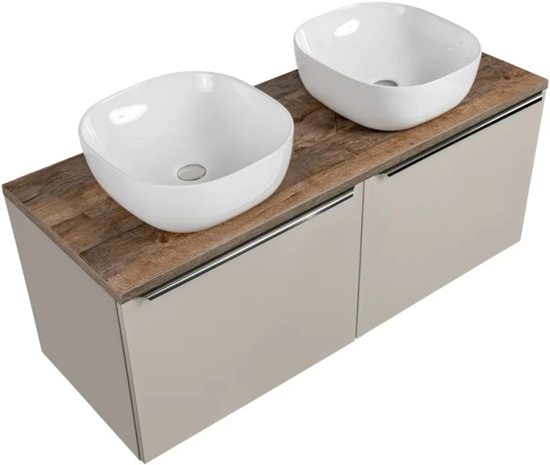 Szafka podwójna łazienkowa 60 cm SANTA FE taupe/dąb vintage z dwoma umywalkami SMILE i blatem 120 cm