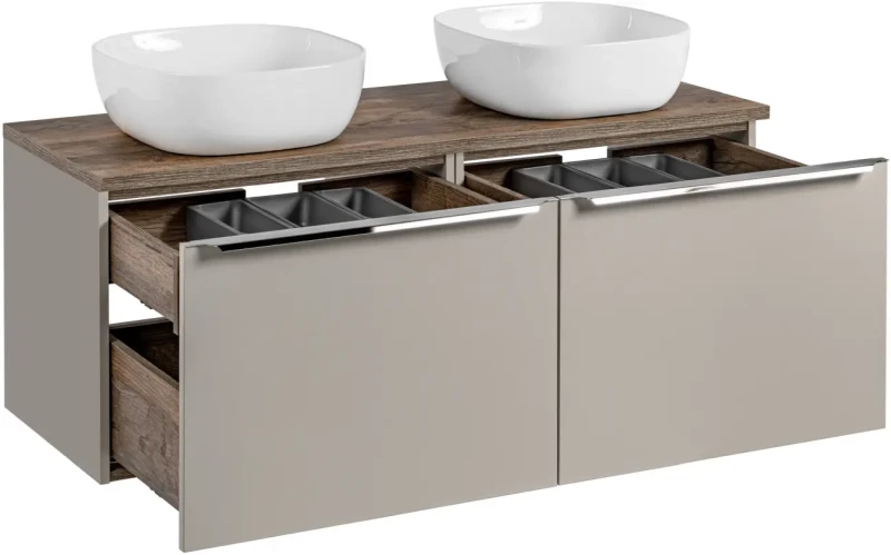 Szafka podwójna łazienkowa 60 cm SANTA FE taupe/dąb vintage z dwoma umywalkami SMILE i blatem 120 cm
