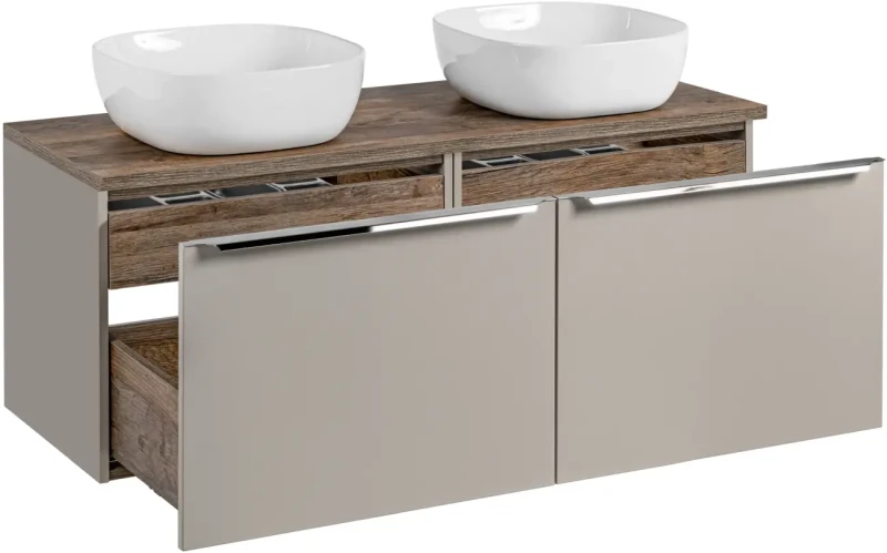Szafka podwójna łazienkowa 60 cm SANTA FE taupe/dąb vintage z dwoma umywalkami SMILE i blatem 120 cm