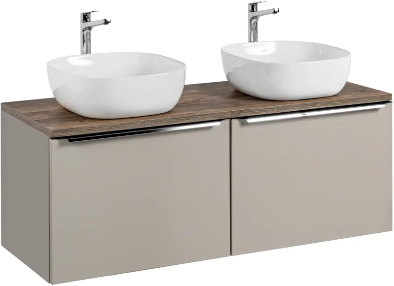 Szafka podwójna łazienkowa 60 cm SANTA FE taupe/dąb vintage z dwoma umywalkami SMILE i blatem 120 cm