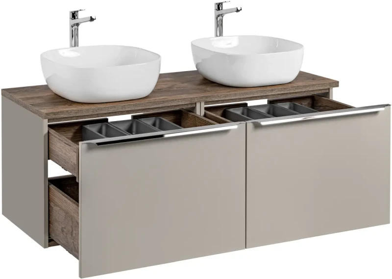 Szafka podwójna łazienkowa 60 cm SANTA FE taupe/dąb vintage z dwoma umywalkami SMILE i blatem 120 cm