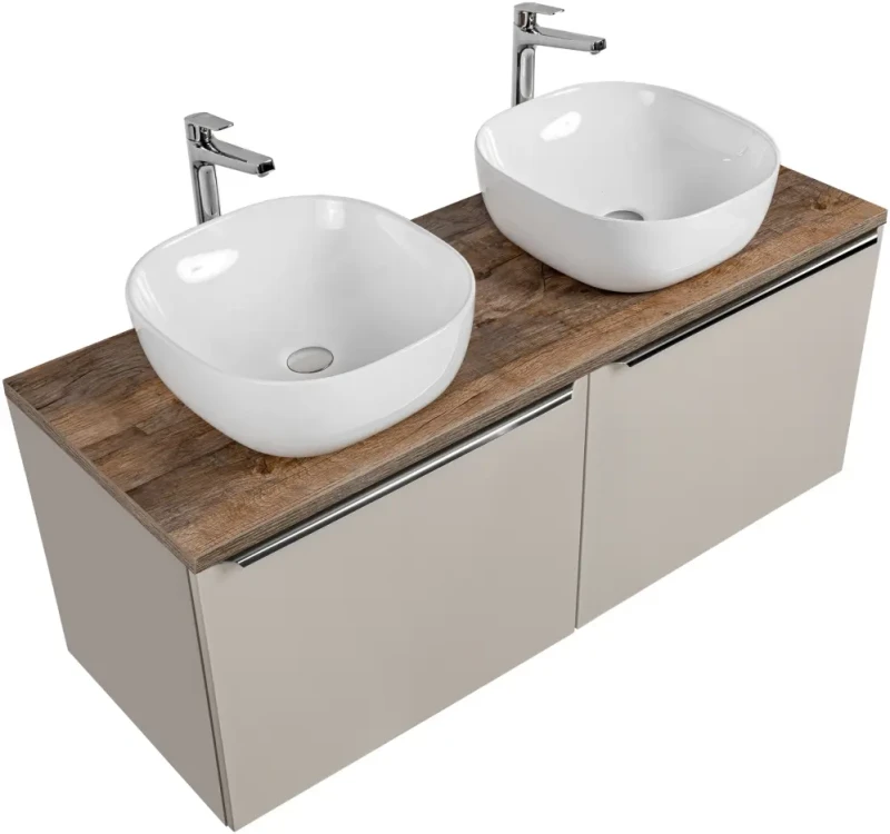 Szafka podwójna łazienkowa 60 cm SANTA FE taupe/dąb vintage z dwoma umywalkami SMILE i blatem 120 cm