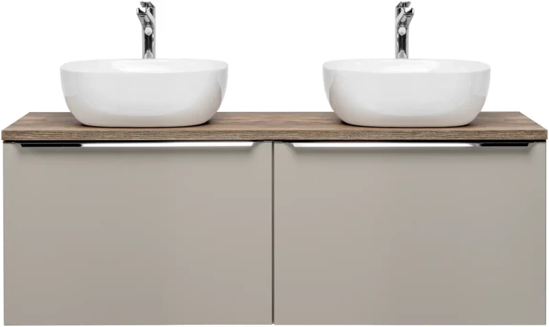 Szafka podwójna łazienkowa 60 cm SANTA FE taupe/dąb vintage z dwoma umywalkami SMILE i blatem 120 cm