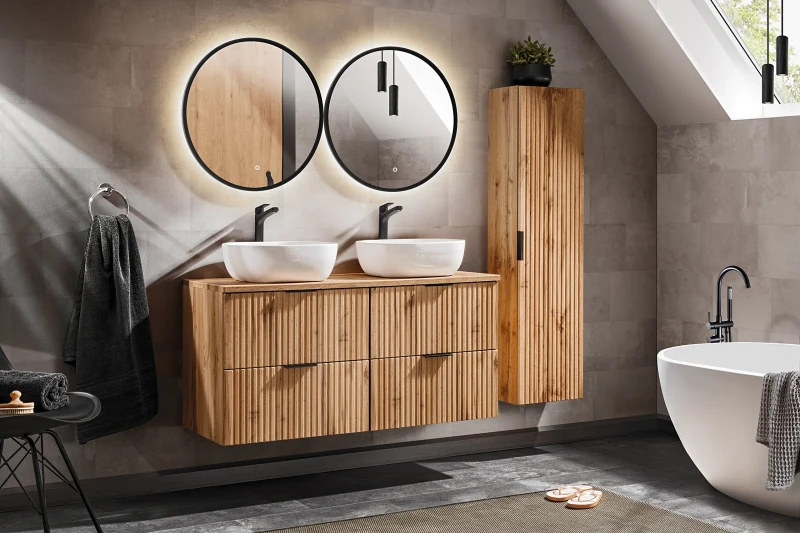 Zestaw mebli łazienkowych ADEL OAK 120 cm - 2 elementy (aranżacja z umywalkami SMILE)