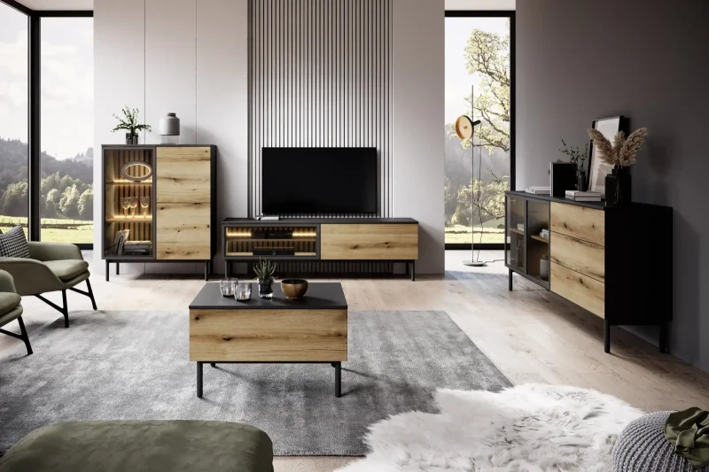 Stolik RTV Lang z LED 150 cm czarny + dąb evoke