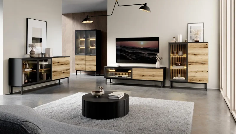 Stolik RTV Lang z LED 150 cm czarny + dąb evoke
