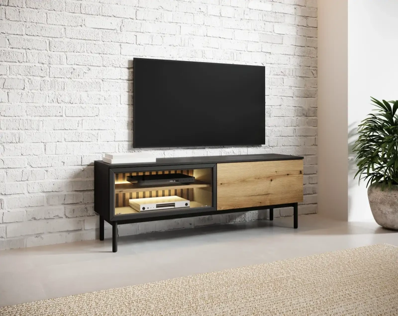 Stolik RTV Lang z LED 150 cm czarny + dąb evoke