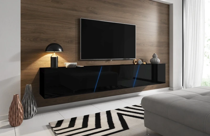 Szafka RTV Slant 240 cm stojąca/wisząca z oświetleniem LED czarny połysk