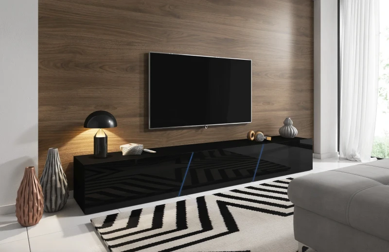 Szafka RTV Slant 240 cm stojąca/wisząca z oświetleniem LED czarny połysk