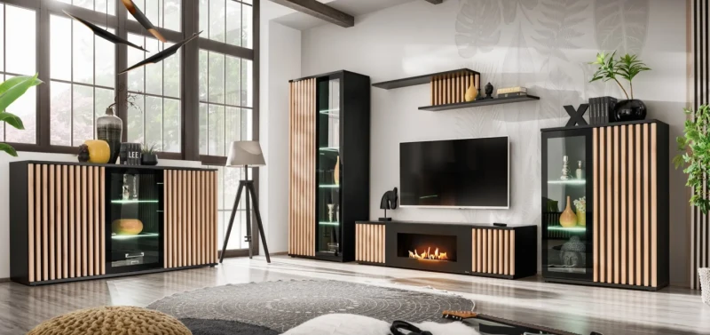 Witryna niska Cameron 80 cm z LED do salonu czarny/hickory jackson