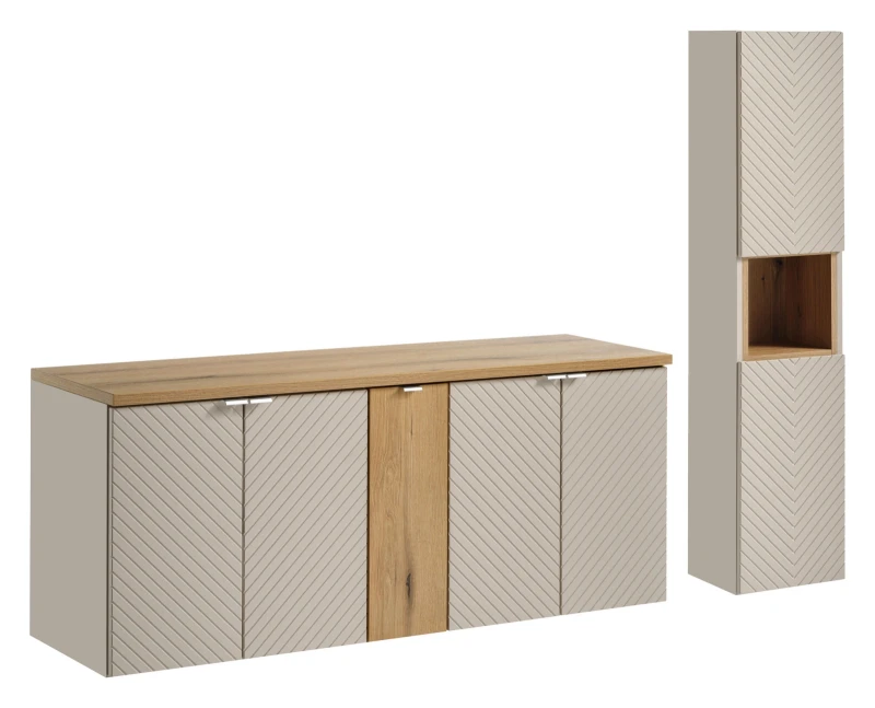 Zestaw mebli łazienkowych VIVA CASHMERE z blatem dąb 140 cm  - aranżacja z słupkiem