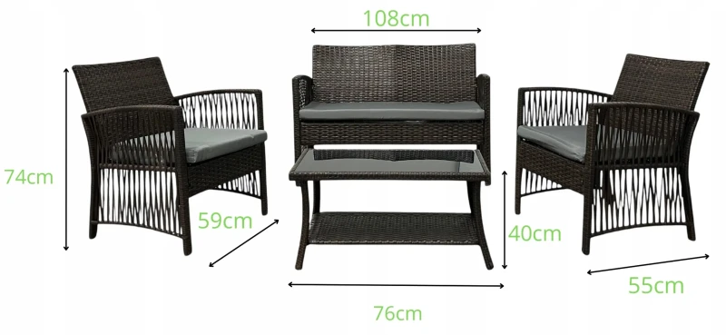 Zestaw mebli ogrodowych z technorattanu Patio Luxe Brąz - wymiary