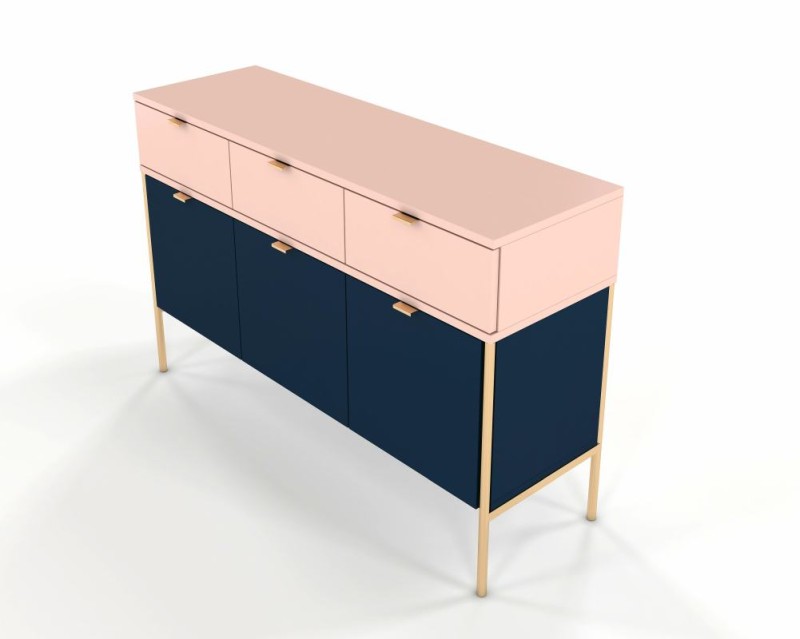 Granatowo różowa szeroka komoda na metalowych nóżkach Polka Navy Blue/Pink