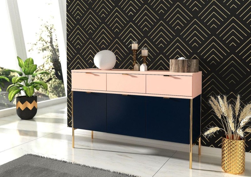 Granatowo różowa szeroka komoda na metalowych nóżkach Polka Navy Blue/Pink