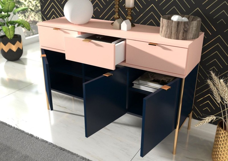 Granatowo różowa szeroka komoda na metalowych nóżkach Polka Navy Blue/Pink