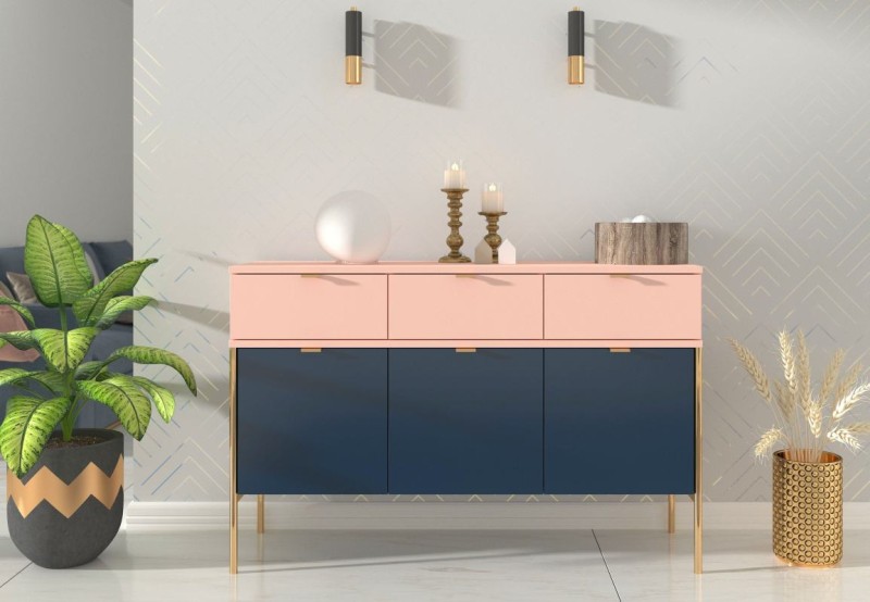 Granatowo różowa szeroka komoda na metalowych nóżkach Polka Navy Blue/Pink