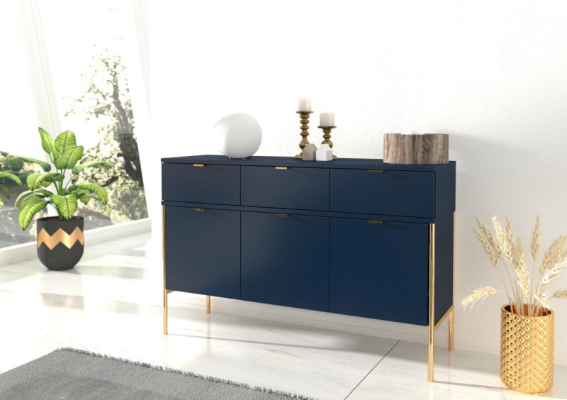 Granatowa szeroka komoda na metalowych nóżkach Polka Navy Blue