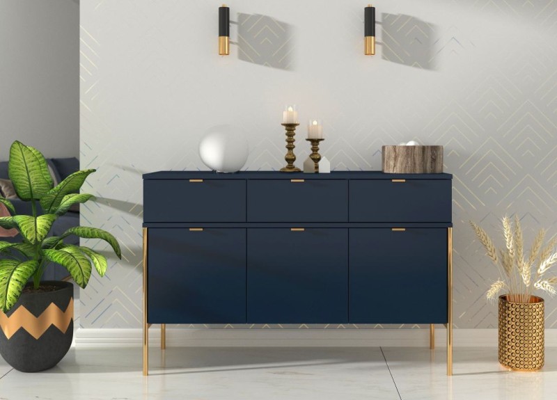 Granatowa szeroka komoda na metalowych nóżkach Polka Navy Blue