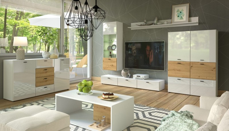 Meblościanka MILA biały połysk/ dąb artisan