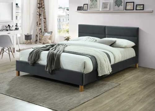 Łóżko tapicerowane szare .150 Sierra Velvet 160x200 z nóżkami dębowymi