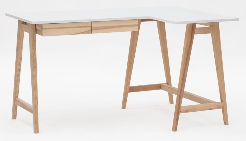 Biurko narożne LUKA jesion z szufladami 135 cm Biale PRAWE